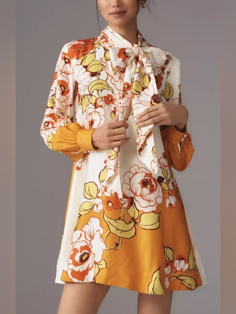 NWT Maeve Caroline Tie-Neck Yellow Orange Floral Balloon Sleeve Mini Dress Sz M